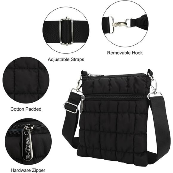 Black quilted crossbody bag lightweight puffer purse small shoulder bag for wome - Picture 6 of 8